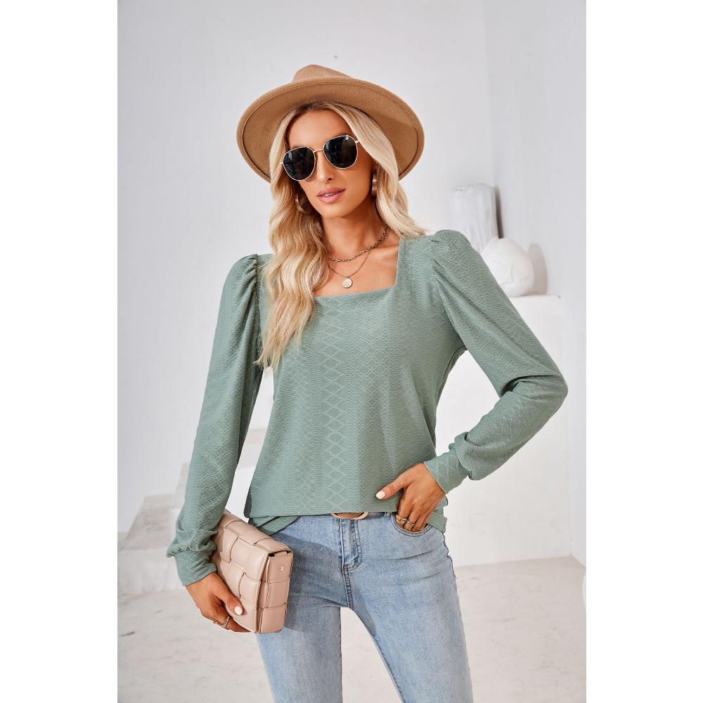 Весенне-осенняя женская блузка с квадратным вырезом, однотонный плиссированный свободный топ с длинными рукавами
