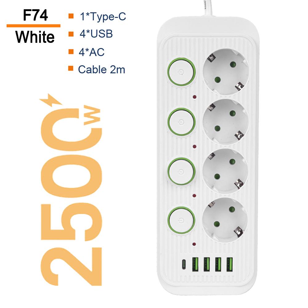 Вилка европейского стандарта с несколькими розетками и портами USB Type C. Кабель-удлинитель длиной 2 м. Независимая розетка управления. Сетевой фильтр. Электрический переменный ток.