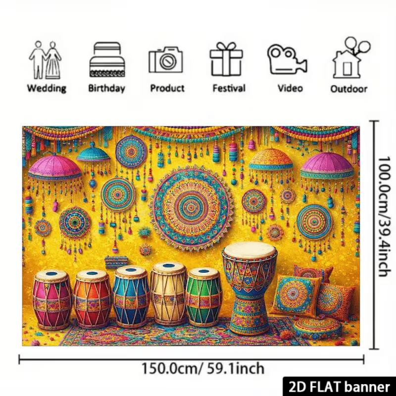 2D Vibrant Indian Folk Photography Background with Tabla Drums & Decor