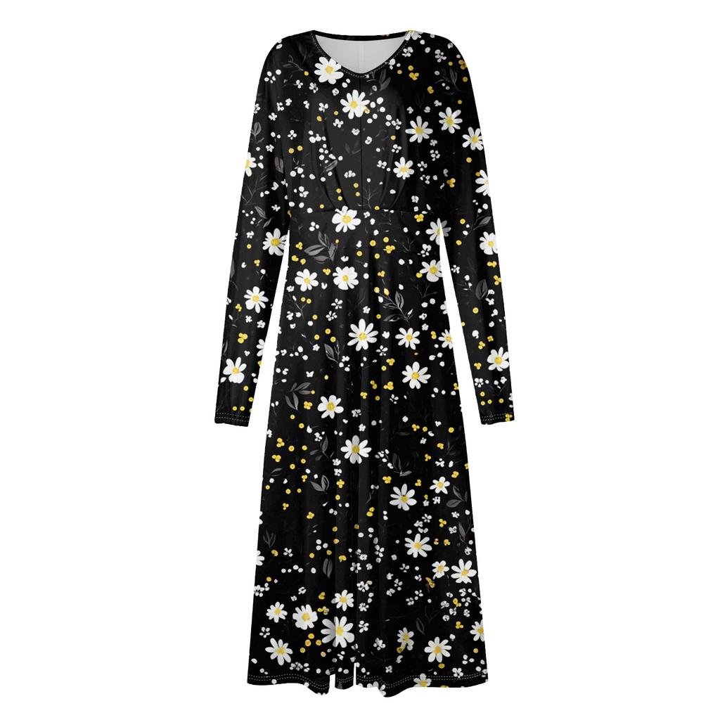 Women's Casual Fashion V-Neck Long Sleeve Floral Print Long Dress