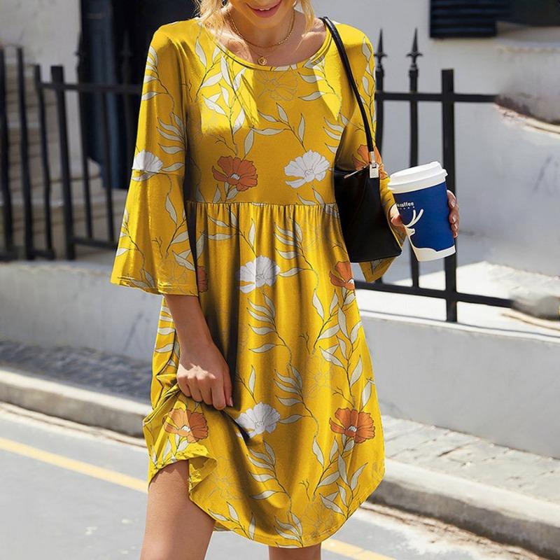 Весна Осень Элегантный Пригородный Круглый Вырез Печати Семь Рукавов Большого Размера Платье Для Женщин