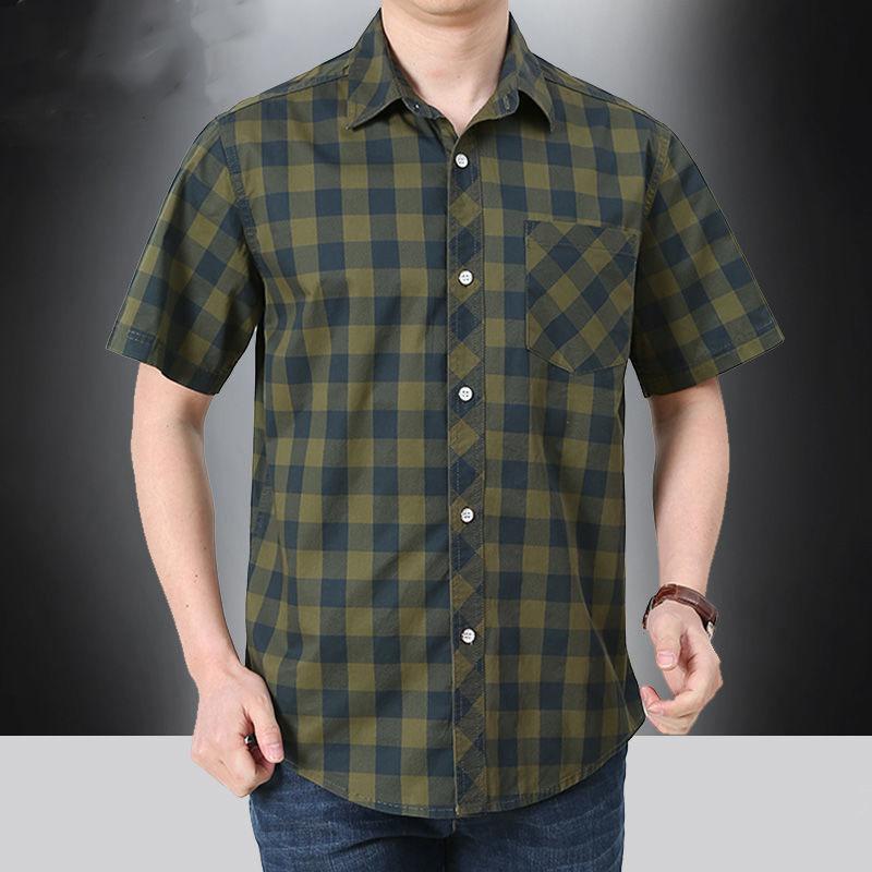 Summer Men Short Sleeve Shirt Streetwear Fashion Lapel Business Plaid Casual Tops Plus Size