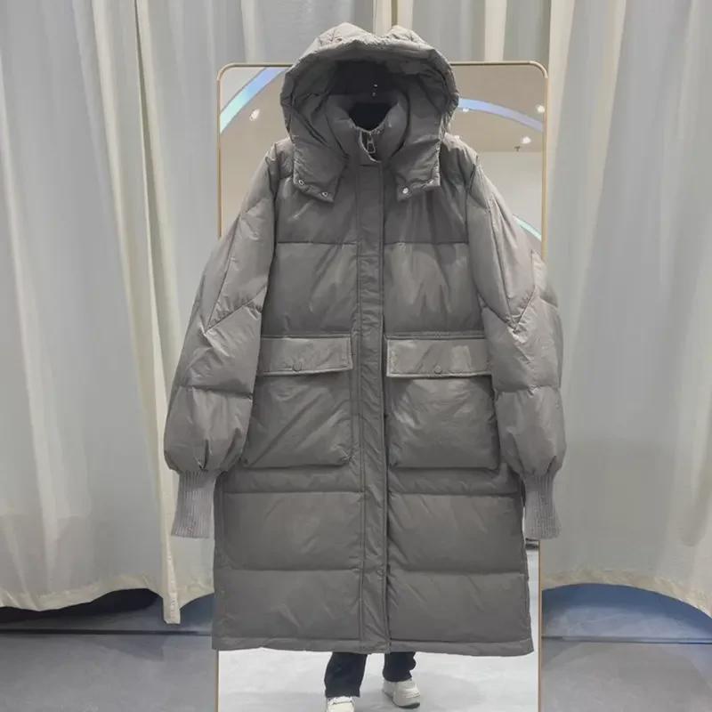 Женское хлопковое пальто длиной до колена из толстого белого утиного пуха с капюшоном 2024 года - зимняя мода в корейском стиле