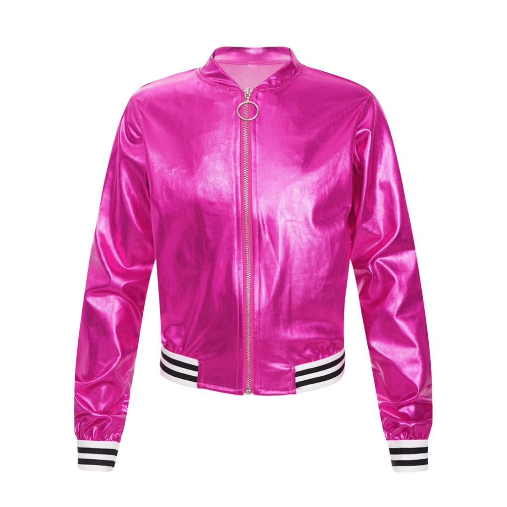 Детская блестящая бейсбольная куртка для девочек, блестящая куртка-бомбер с металлической молнией и длинными рукавами, пальто, верхняя одежда