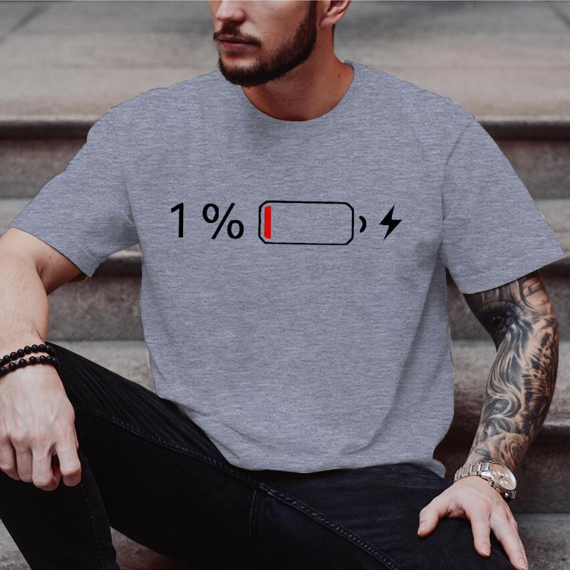 Unisex Crew Neck Low Battery One Percent Print Short Sleeve Cotton Tee Casual Summer Streetwear Loose Basic Daily Outdoor Wear Top