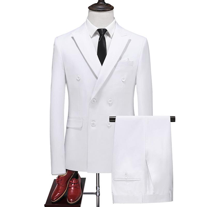 Fashion Men's Business Double Breasted Solid Color Suit Coat / Male Slim Wedding 2 Pieces Blazers Jacket Pants Trousers