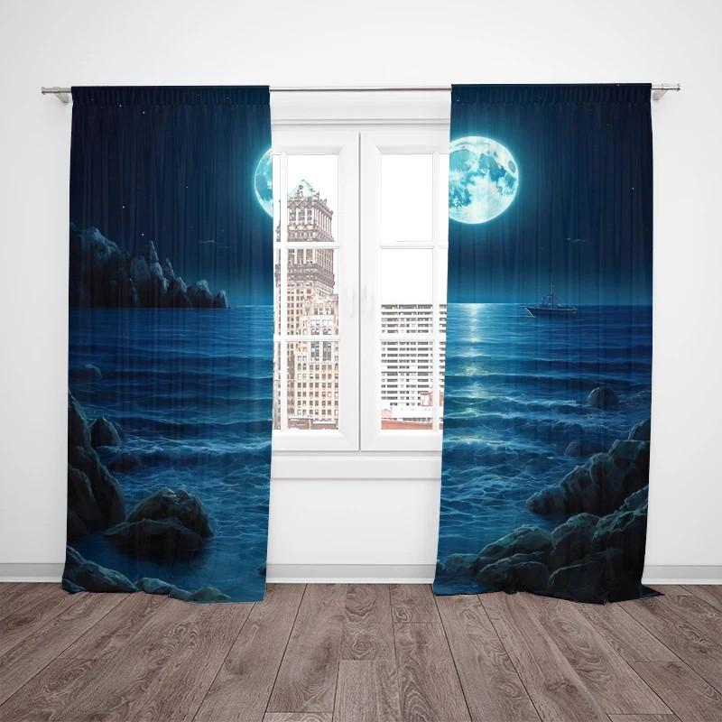 Шторы Jit Dreamy Moonlight Seascape Полиэстер Домашний Декор Оконные Шторы Затемняющие Комплект из 2 шт. С карманной петлей