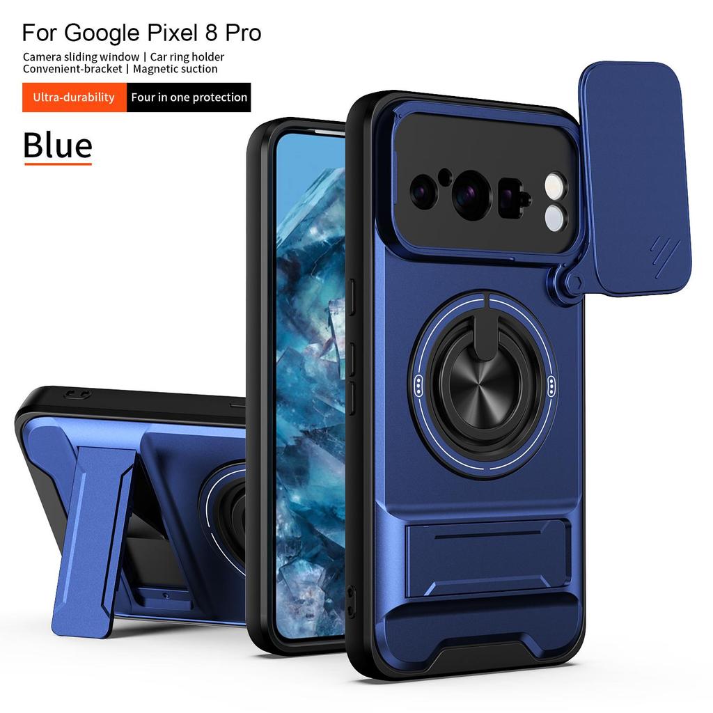 Slide Camera Cover Compatible for Google Pixel 8 Pro Case With Built-in Ring Stand and Folding Stand