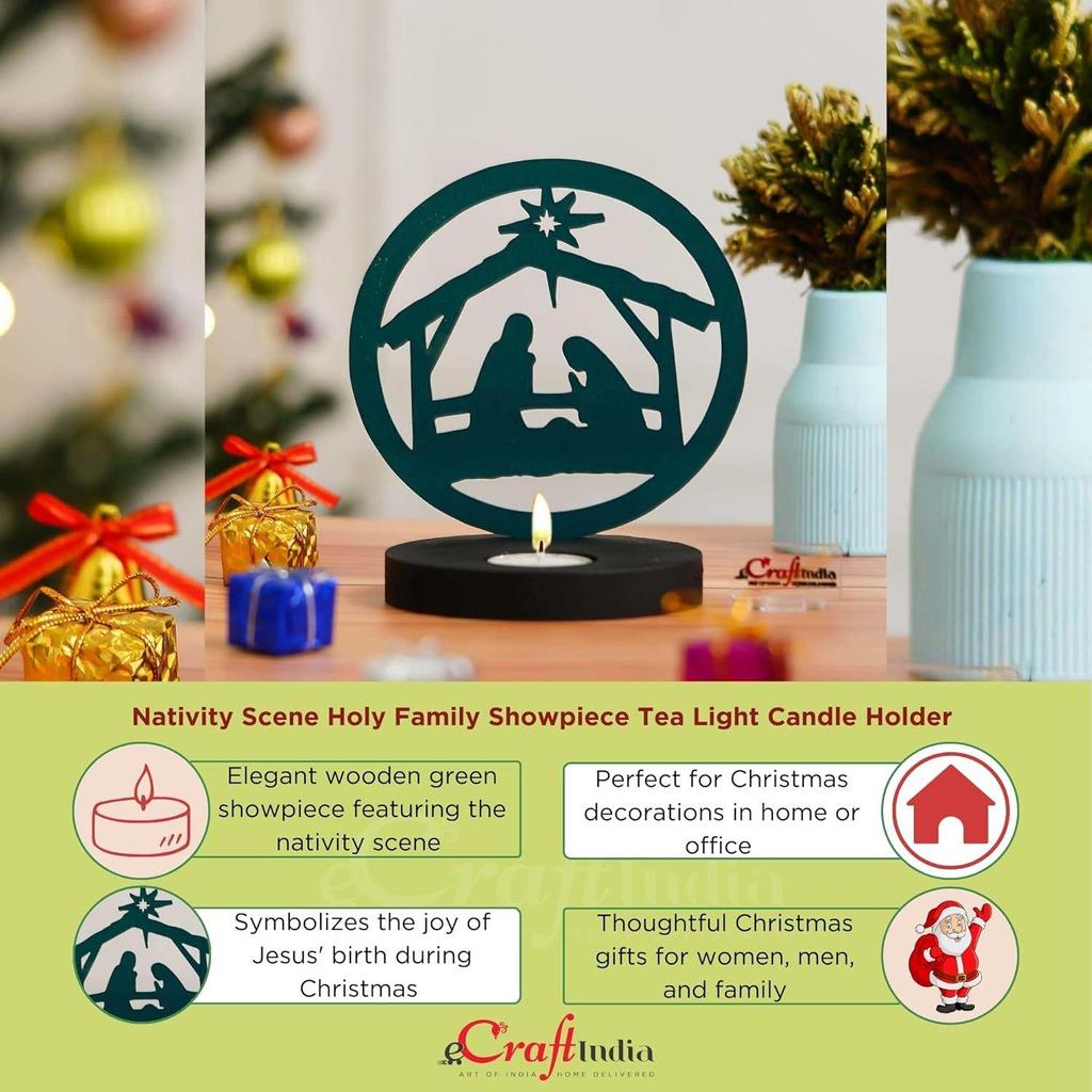 Nativity Scene Holy Family Jesus Birth Decorative Showpiece Tea Light Candle Holder (Wooden Green)| Christmas Decoration Item for Home Office