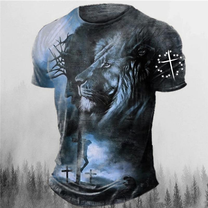 Men's Graphic Animal Lion Faith T Shirt Short Sleeve T shirt 3D Print Crew Neck Shirt Vintage Fashion Designer Outdoor