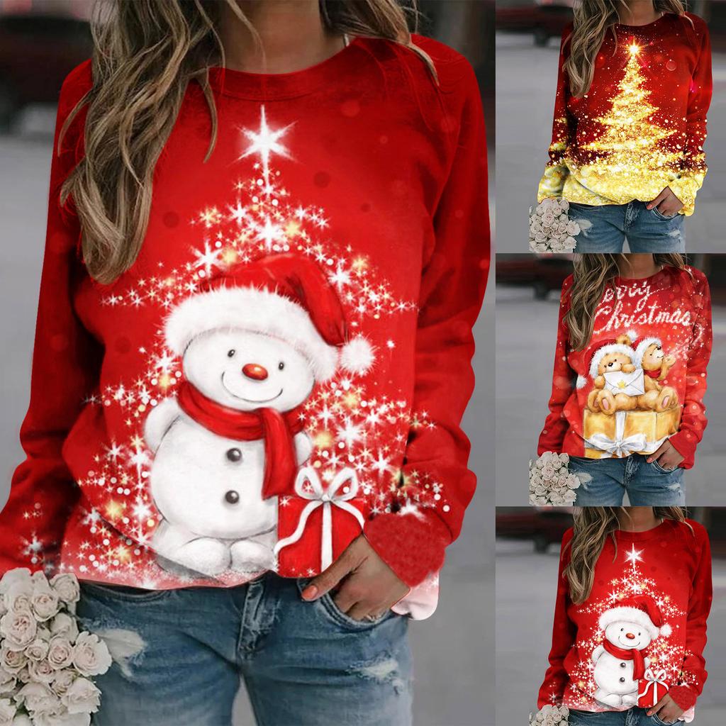 2024 Christmas Series Women's Autumn and Winter Casual Fashion Printed Long Sleeve Round Neck Pullover Large Size Sweatshirt