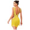 Womens Latin Tango Dance Leotard Allover Rhinestones Backless Tiered Tassel Contrast Color Bodysuit Performance Jumpsuit