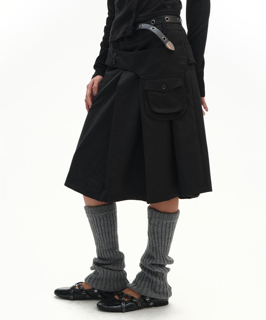 Place Studio Essential Button Pocket Belted Layered Asymmetrical Pleated Midi Skirt _3 Colors
