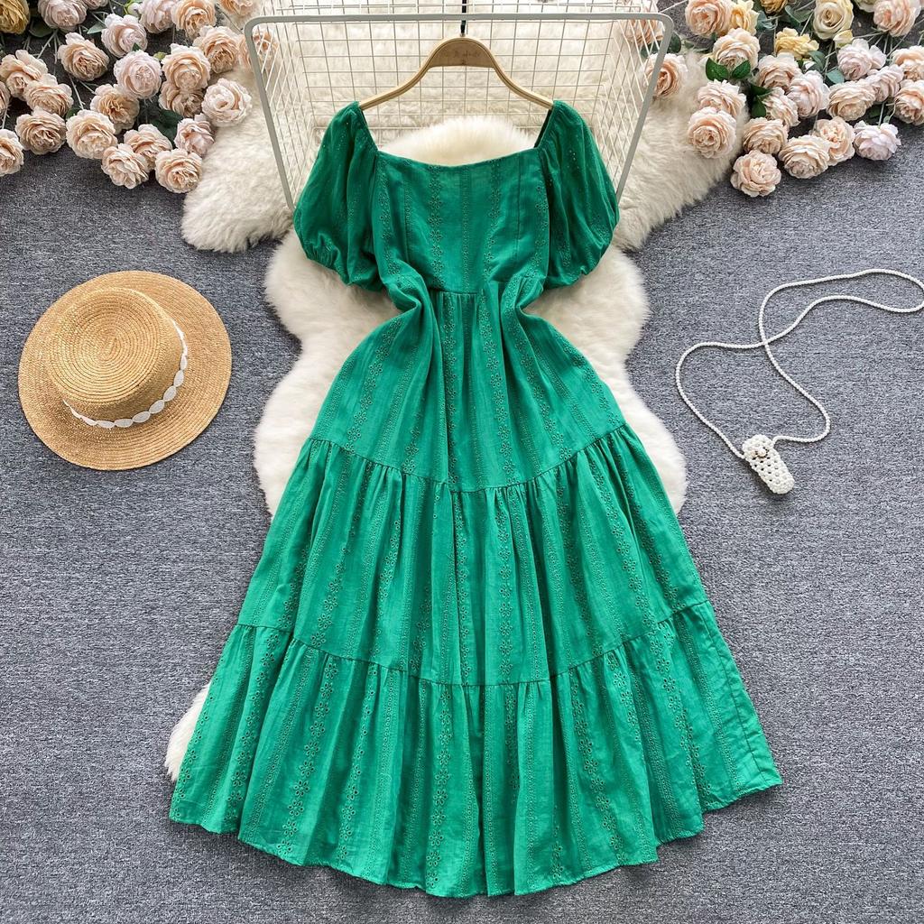 Summer Bohemian White Dress for Women Clothing Hollowed Out Square Neck Reduced Age Puff Sleeves Slim Embroidered Long Dress