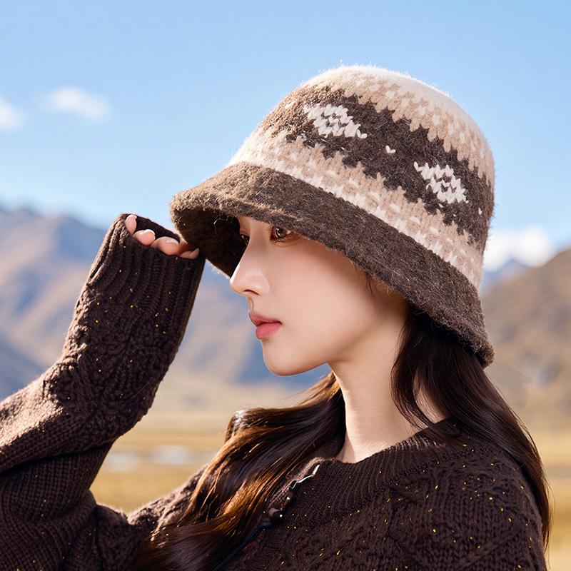 Fair Island knitted bucket hat women's autumn and winter thickened warm wool basin hat outdoor cold ear protection bucket hat