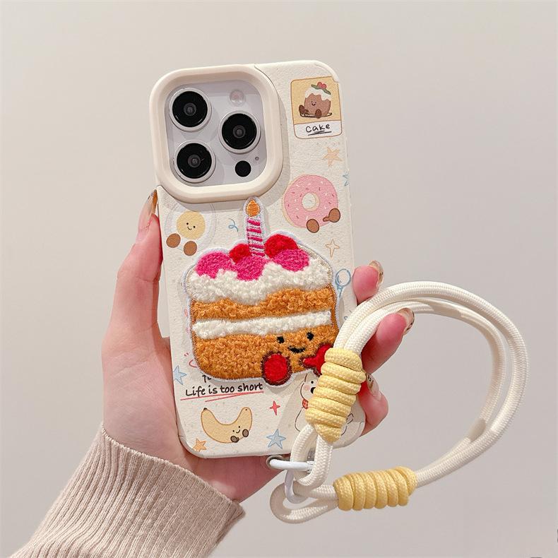 Leather Cartoon Embroidered Cake IPhone 16/15 Mobile Phone Case Suitable for Apple 14/13 Promax Lanyard 12