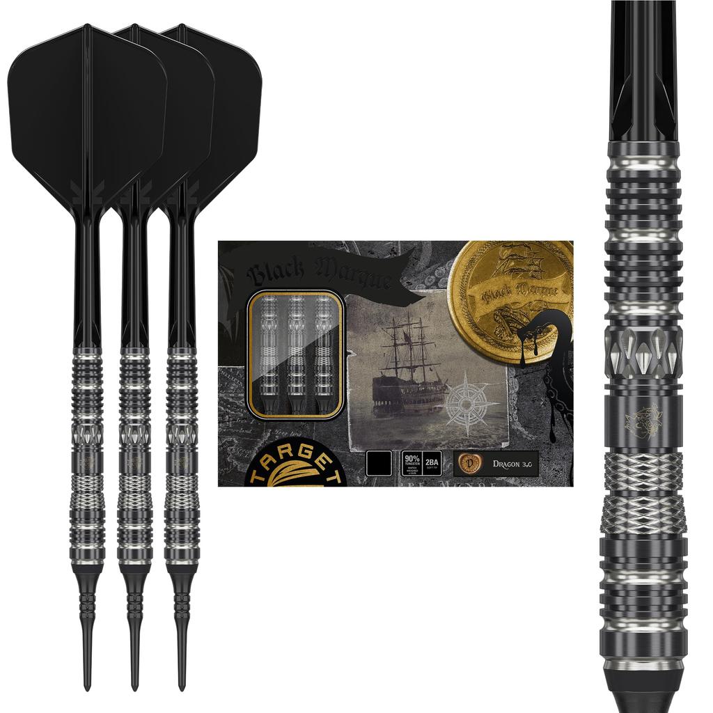 Target Japan BLACK MARQUE DRAGON Leslie Lee Tungsten 2BA Soft Tip Darts 6 Shape Flights and 2BA SOFT TIP DARTS Mark Dragon 3.0 90% K-Flex Set, 18g,