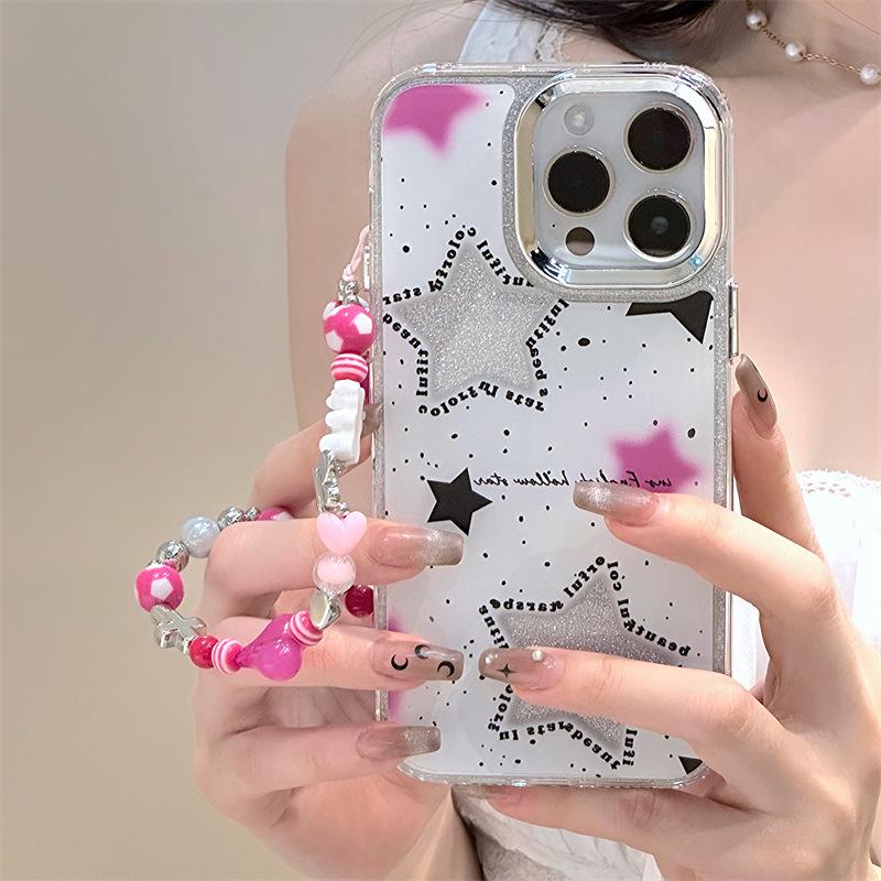 Apple 14 Ins Style iPhone Case: 12/13/15 Pro Three-in-One Acrylic Glitter Chain