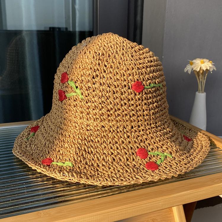 Holiday wind cute cherry straw bucket hat women's sunscreen hat summer seaside beach sunshade straw hat big eaves