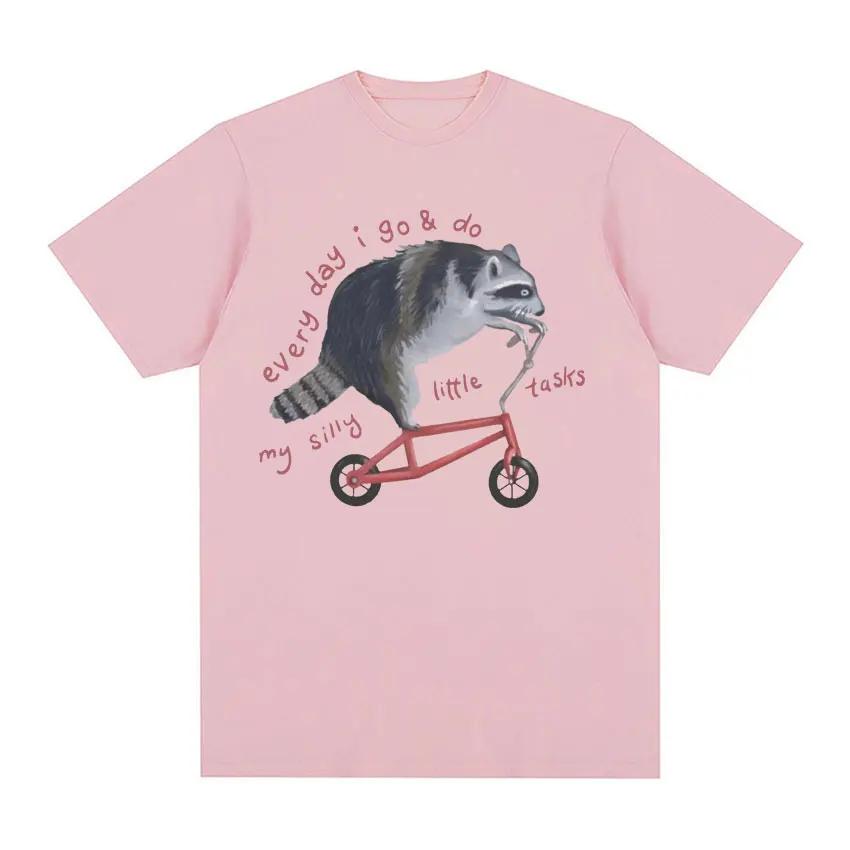 Funny Raccoon on Bicycle Meme T Shirts Men Women's Casual Vintage Cartoon T Shirt Summer Cotton Humor Short Sleeve T-shirts Tops