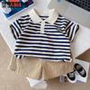 Children's Set Summer Striped Polo Shirt Thin Short Sleeved Cartoon Embroidered Western-style Summer Outfit Two-piece Set