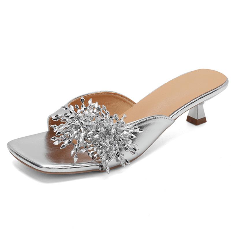 Rhinestone High-heeled Cool Slippers Female Summer 2025 New Outer Wear High-end Fairy Style with Skirt Thick Heel Silver Slippers
