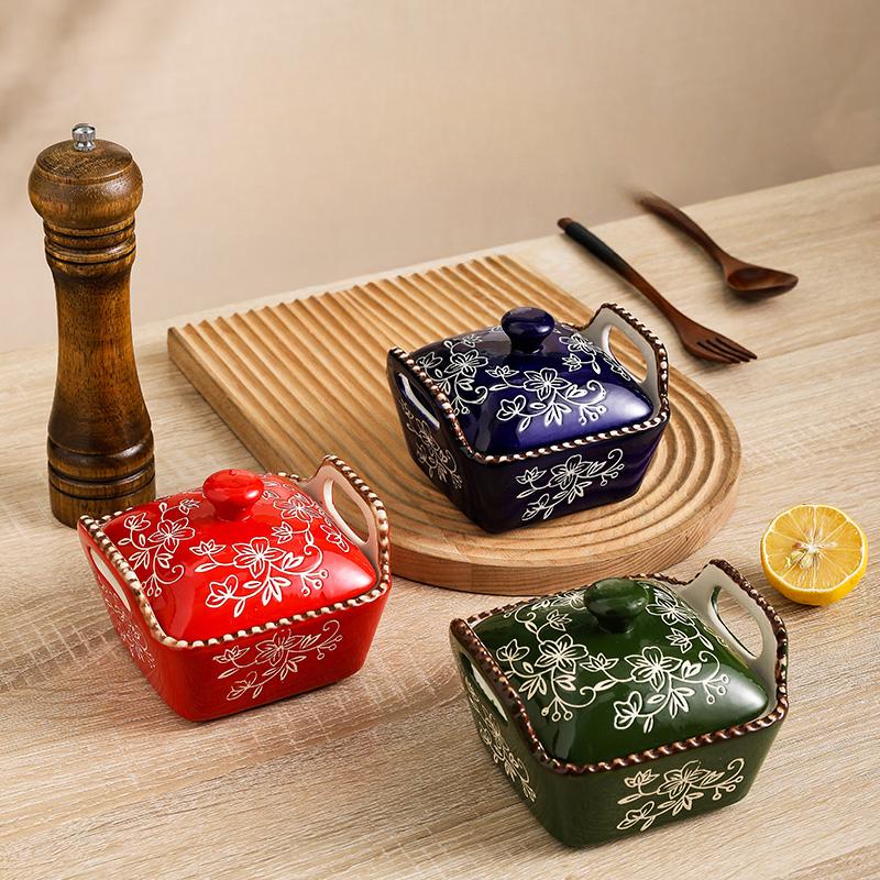 Ceramic Microwave Baking Bowl Home Hand-painted Isolation Painted with Lid Bead Point Snack Candy Dried Fruit Bowl with Cover