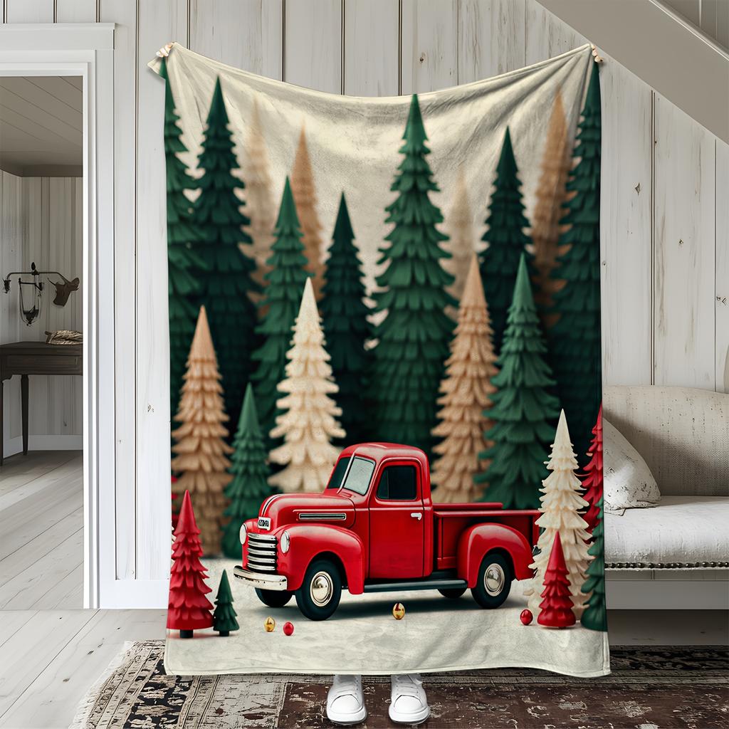 1pc Sdoo Vintage Red Truck & Pine Forest Flannel Throw Blanket - Soft Warm All-Season Cozy Blanket for Sofa Bed Car Office Campi