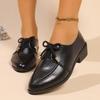 Bow Block Heel Small Leather Shoes Women's Pointed Toe Deep Mouth Lace-Up Front Plus Size Versatile Kitten Heel Single
