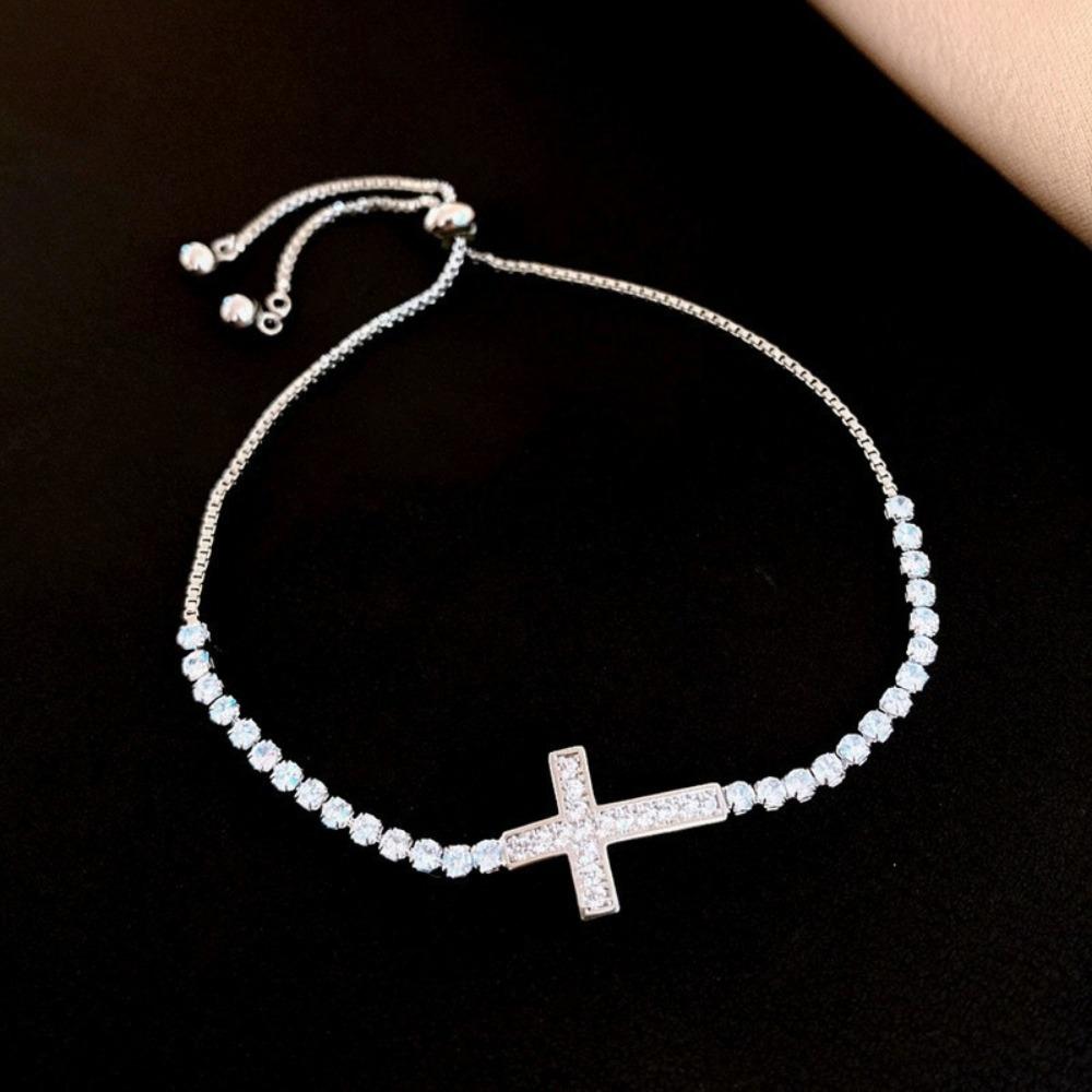 Adjustable Cross Bracelet Classic Elegant Fine Bangle Party Costume Zircon Paved Bracelet Women