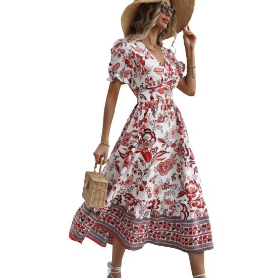 Женское платье миди с V-образным вырезом и короткими рукавами-фонариками в тон с цветочным принтом, с высокой узкой талией, трапециевидной формы, с большими качелями, для отпуска, выпускного вечера, летнего платья миди