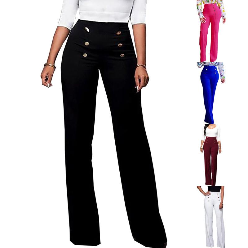 Women's Mid Rise Flared Pants Solid Color Button Decorated Long Trousers Elegant Casual Pants