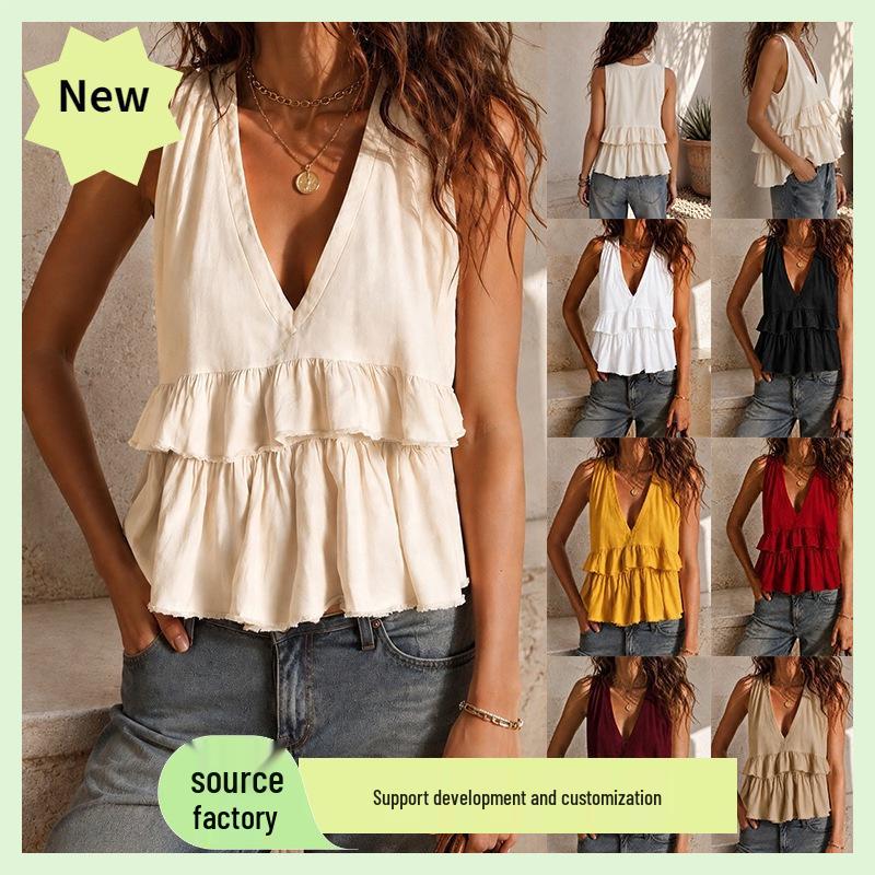 2026 European Spring/Summer Women's Solid Color Pleated Elegant Top Vest
