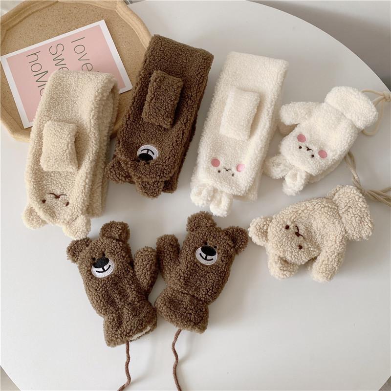 Детские зимние теплые перчатки, детский шарф от ветра, из овечьей шерсти, милый мультяшный комплект, плюшевые утолщенные