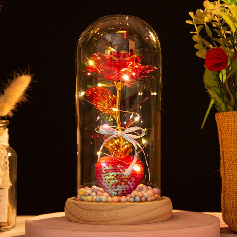 Love glass cover gold leaf flower ornament, creative mother's Valentine's Day gift, luminous simulated rose bouquet