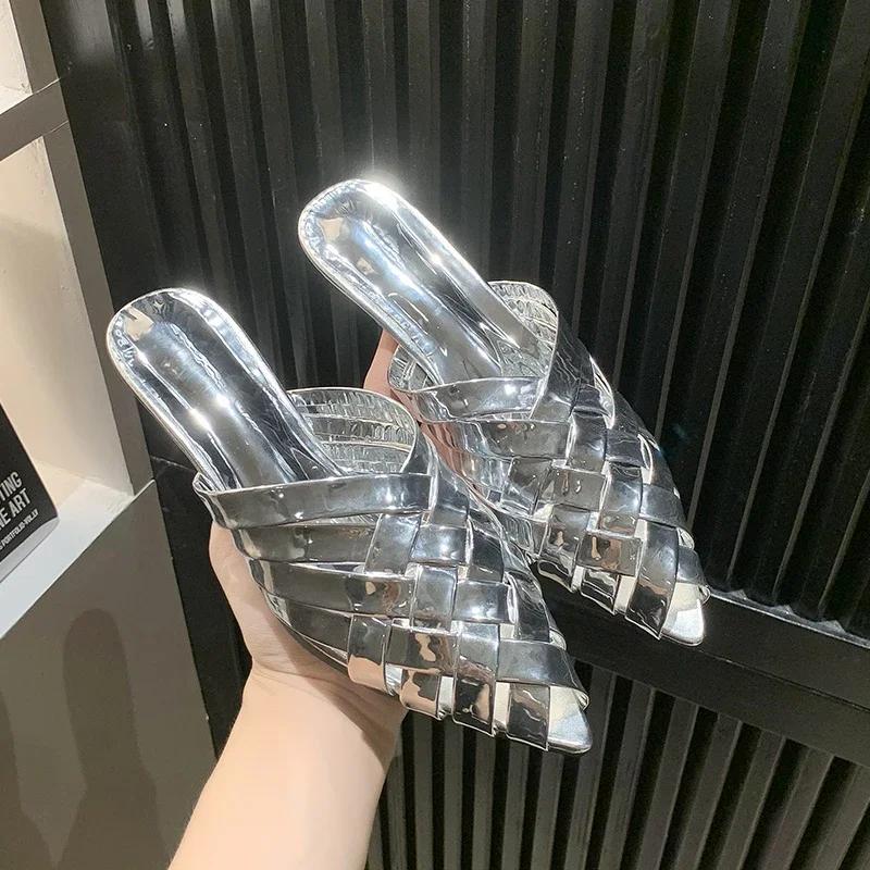 Women Summer 2024 Pointed Toe Stiletto Gladiator Sandals Gold Silver Fashion Luxury Slippers Ladies Brand Designer High Heels