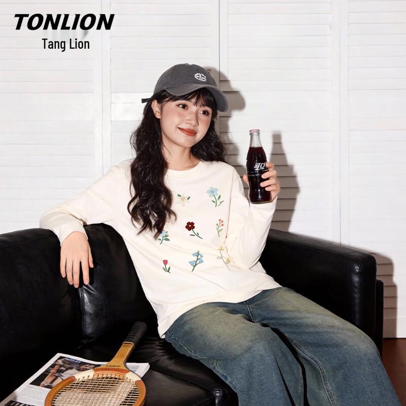 Женская футболка TonLion свободного кроя, из чистого хлопка, с цветочной вышивкой, с длинным рукавом