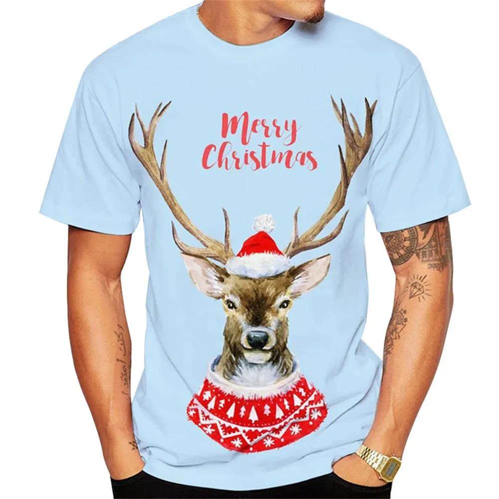 Christmas Elk 3D Print T Shirt For Men X'mas Harajuku Streetwear Fashion O-neck Short Sleeve Tops New Year Gift Oversized T-shirts