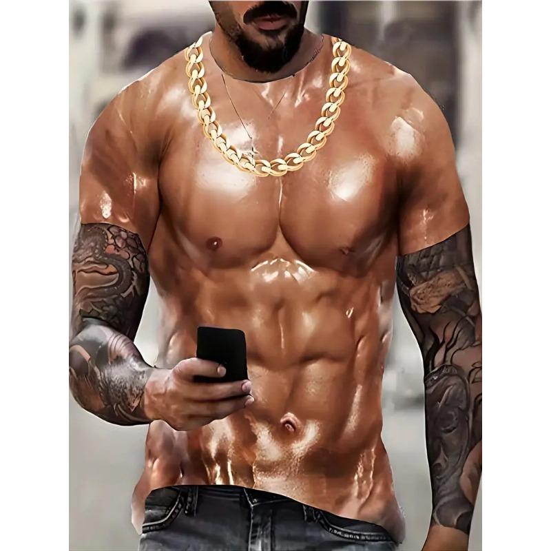 Летняя мужская футболка с коротким рукавом и принтом Muscle 3D, персонализированные футболки с коротким рукавом и круглыми поддельными кубиками пресса