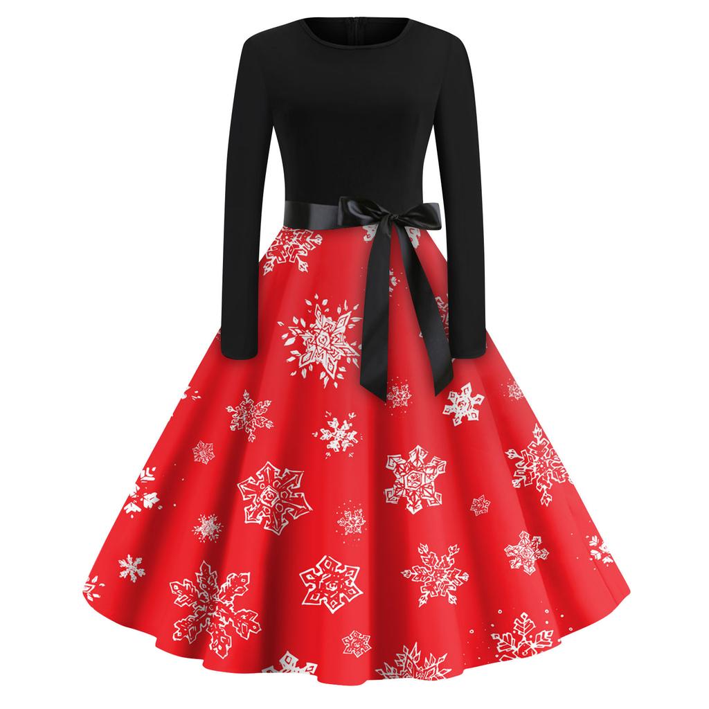 Женская мода с круглым вырезом, повседневные тонкие рождественские платья с длинным рукавом и принтом
