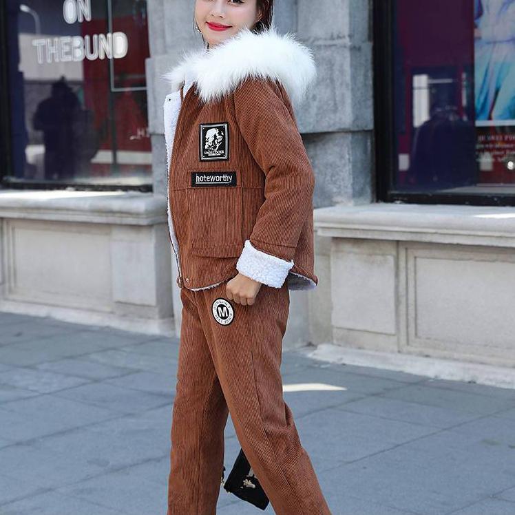 Женский зимний костюм, осенняя студенческая вельветовая куртка из овечьей шерсти, бархатный утолщенный повседневный комплект из двух предметов с капюшоном, пальто