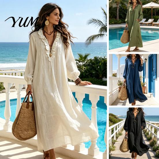 V Neck Dresses Women Ruffle Long Dress, Loose Fit Casual Midi Spring Autumn Dress Solid Color Sleeves for