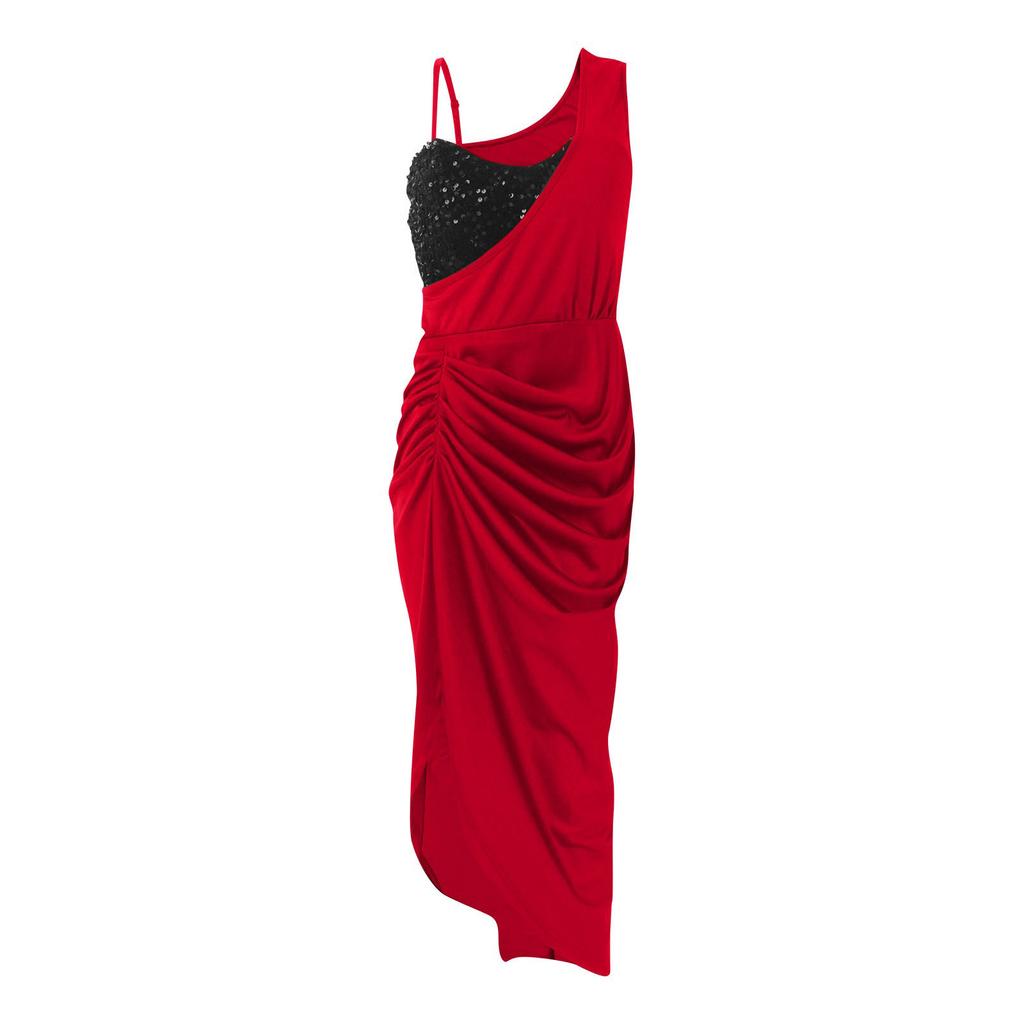 Women's Sexy One Shoulder Sequin Patchwork Satin Midi Dress Ruched Waist High Thigh Slit Bodycon Evening Cocktail Party Formal Gown