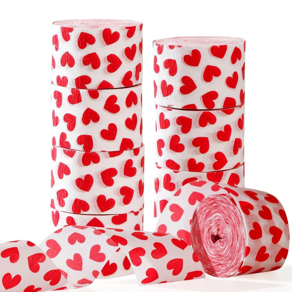 Pack Of 6 Valentines Heart Print Crepe Paper Rolls Colorful Ribbon Wedding Party Decorations Handmade Craft Supplies