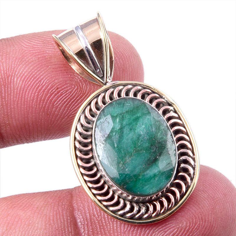Emerald(Simulated) Handmade 925 Sterling Silver Gift Two Tone Pendant 1.25" W3Q66