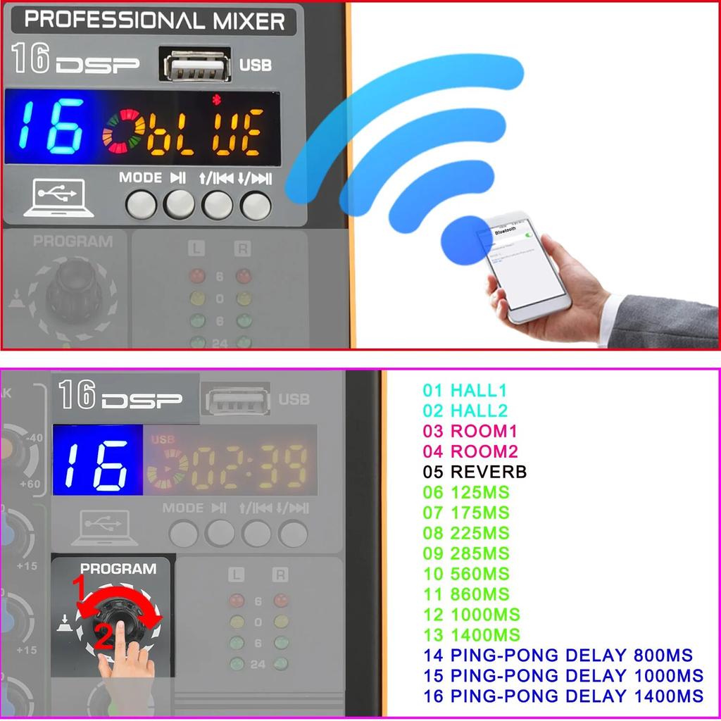 4 Channel Mixing Console with 2 UHF Wireless Microphone Bluetooth 16 DSP USB Computer Record PC Sound Audio Mixer AM-AKS2