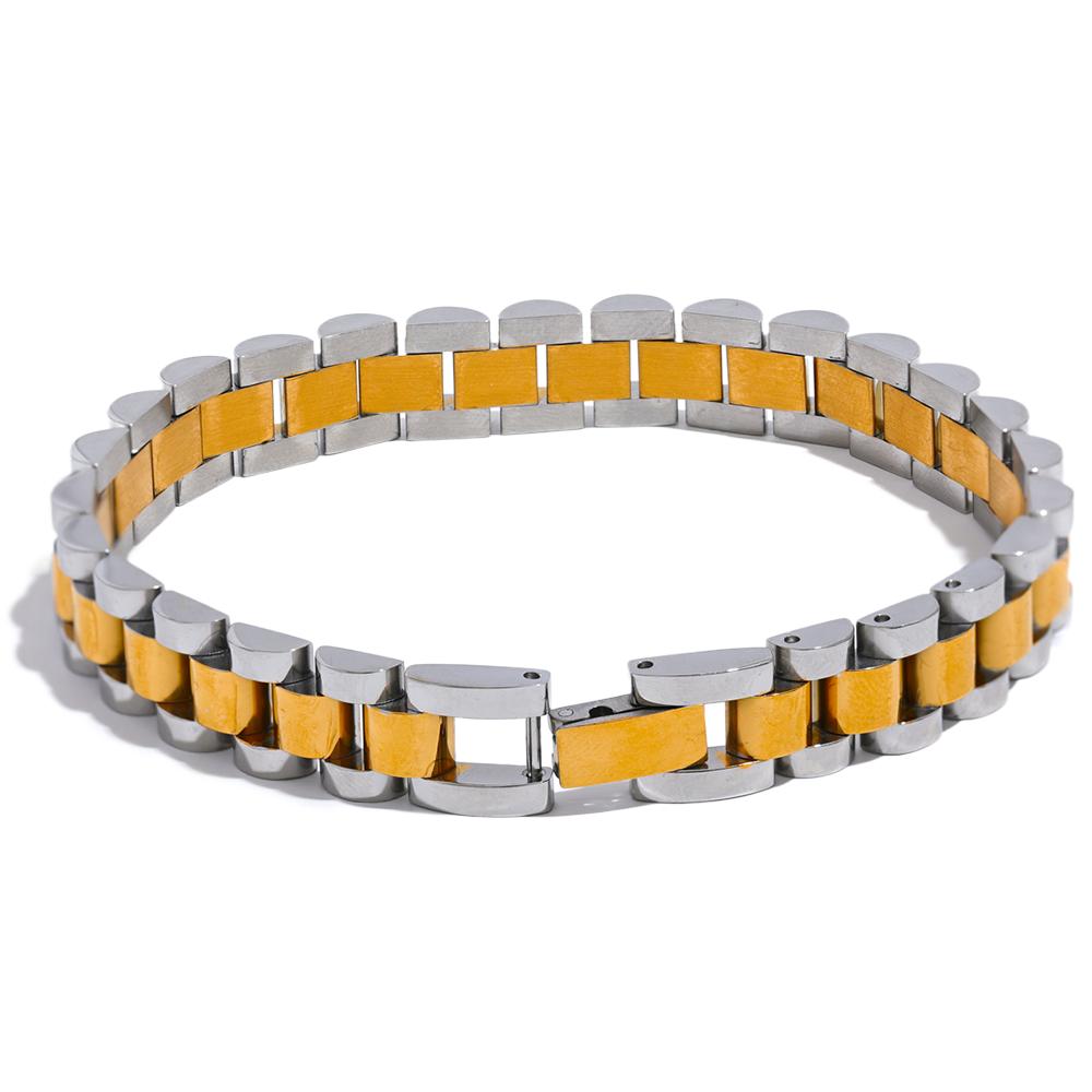 Yhpup 21cm Men Stainless Steel Metal Watch Band Cuban Chain Bracelet Bangle Statement 18K Gold Plated Waterproof Jewelry Bijoux
