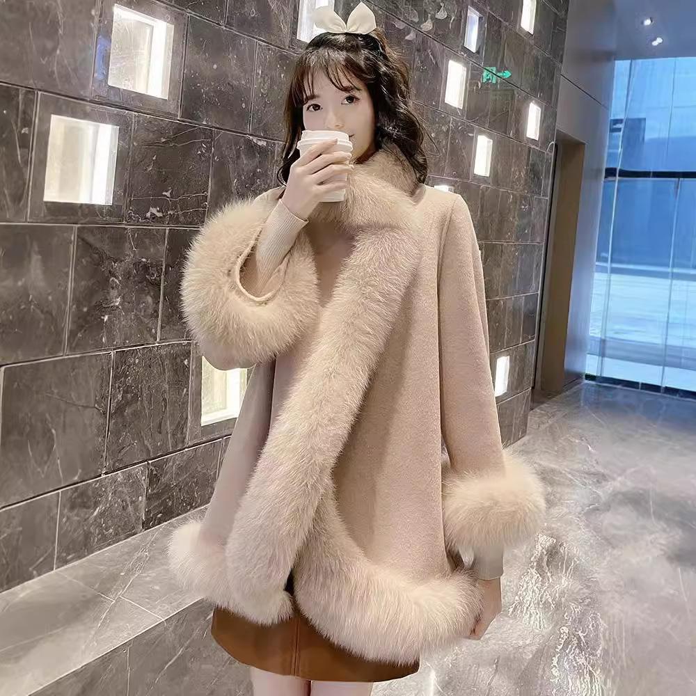 2024 новая зимняя корейская версия искусственного меха лисы пальто светская шаль шерстяное пальто шерстяная накидка