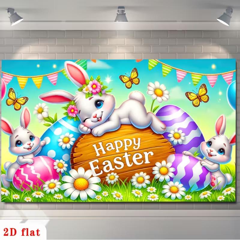 2D Easter Bunny & Colorful Eggs Backdrop Spring Holiday Party Decoration