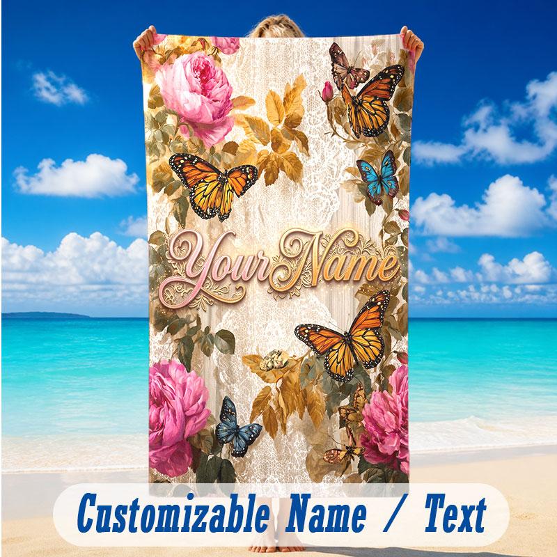 Butterfly Theme Beach Towel Personalized Custom Name & Text Soft Quick Dry Beach Towel for Swimming Travel